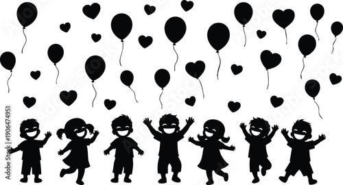 Black silhouette children holding hands and celebrating with heart shaped balloons floating above in joyful festive scene vector art illustration