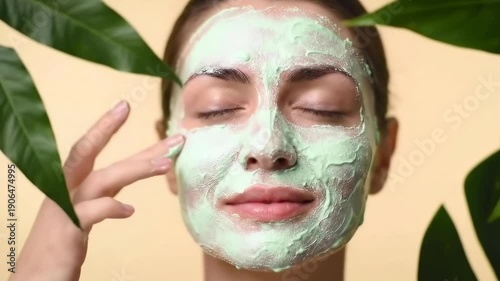 Woman with a green clay facial mask applies product while relaxing for skin care and cosmetic beauty treatment concept.