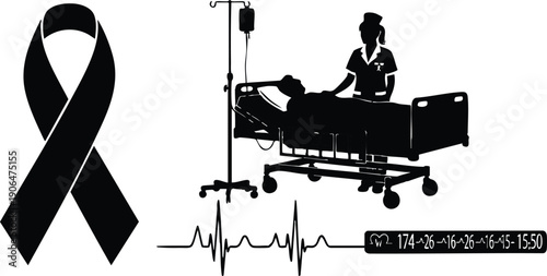 Black ribbon symbol next to nurse caring for patient lying in hospital bed with medical drip and vital signs monitor heartbeat pulse wave illustration
