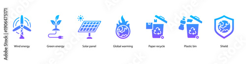 Renewable Energy web banner illustration featuring Wind energy, Green energy, Solar panel, Global warming, Paper recycle, Plastic bin, and Shield.