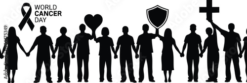 Silhouettes of diverse people holding hands with cancer ribbon heart shield and cross symbols celebrating world cancer day awareness and support in black and white vector art