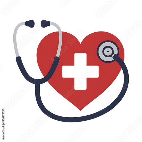 Healthcare and Medicine Icon with Stethoscope and Red Heart with Medical Cross on White Background