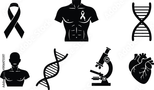 Black silhouette medical icons including ribbon symbol torso with cancer awareness ribbon dna helix double strand microscope and human heart anatomy design