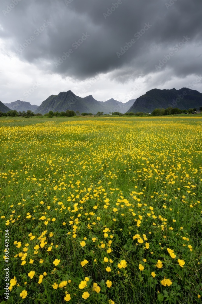 Fototapeta premium Dramatic sky over yellow wildflower field with mountain backdrop