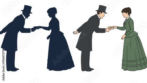A man in a top hat exchanging a coin with a woman in a long dress