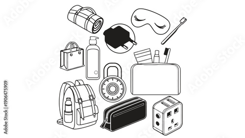 A collection of travel and personal items in a minimalist illustration style