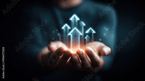 Glowing arrows held in hands represent business growth, symbolizing success, upward trends and goals.