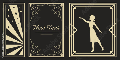 Art Deco New Year Poster Set – Starburst Celebration Panel, Elegant Script Design, Silhouette Illustration in Black‑Gold Vintage Style