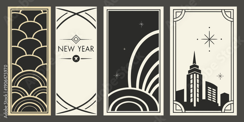 Art Deco New Year Poster Set – Scallop Pattern, Curved Abstract Lines, Geometric Celebration Panel, Stylized Cityscape in Black‑Gold Design