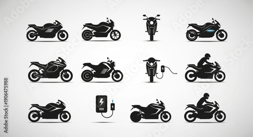 Collection of Motorcycle Silhouettes and Charging Station Icons.