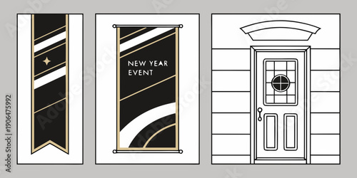 Modern New Year Event Poster Set – Black‑Gold Geometric Banners and Minimal Architectural Door Illustration for Elegant Celebration Designs
