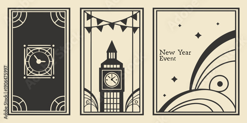 Art Deco New Year Event Poster Set – Clock Panel, Big Ben Tower Illustration, Abstract Celebration Design in Elegant Black‑Beige Style
