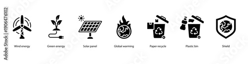 Renewable Energy web banner illustration featuring Wind energy, Green energy, Solar panel, Global warming, Paper recycle, Plastic bin, and Shield.