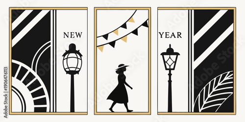 Art Deco New Year Triptych Design – Elegant Geometric Panels, Silhouette Illustration, Gold Frame Holiday Artwork for Festive Celebrations