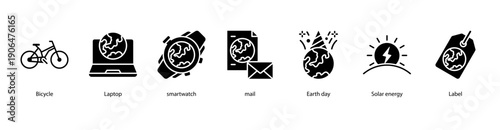 Eco Technology web banner illustration featuring Bicycle, Laptop, Smartwatch, Mail, Earth day, Solar energy, and Label.