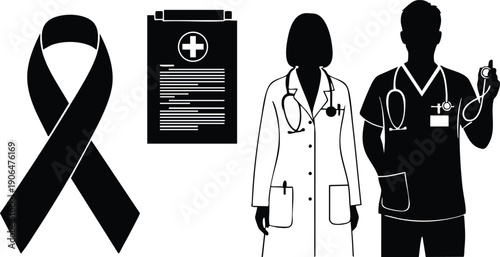 Black ribbon cancer awareness symbol with medical clipboard and female doctor and male nurse holding stethoscope in flat vector style isolated on white background