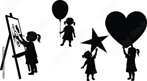 Silhouettes of four little girls with ponytails engaging in various activities holding balloon star and heart shapes and painting on easel black and white vector art