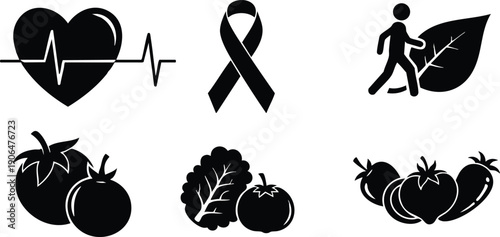 Black silhouette vector icons set featuring heart with pulse line cancer ribbon walking person with leaf tomatoes leafy greens and group of vegetables symbolizing health and wellness