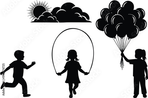 Silhouette children playing with jump rope running carrying balloons under sunny cloudy sky vector black and white illustration childhood outdoor fun activity design