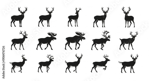Collection of Moose and Deer Silhouettes in Various Poses.