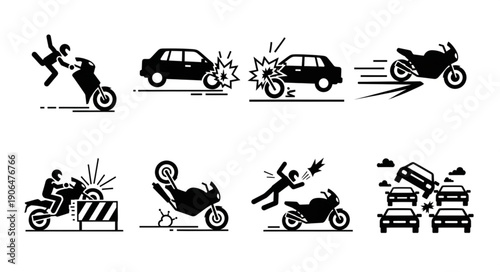Collection of motorcycle and car accident icons representing traffic incidents.
