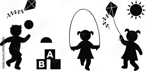 Silhouette child boy throwing ball and flying kite girl jumping rope and flying kite playing outdoors with sun and alphabet blocks vector art design
