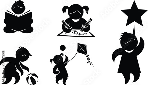 Silhouettes of children reading drawing playing with ball flying kite and holding star in black and white vector art collection with playful dynamic poses and simple shapes