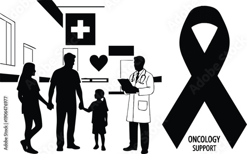 Black silhouette family holding hands with doctor reading clipboard oncology support ribbon symbol in hospital setting medical care health awareness concept
