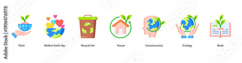 Sustainable Living web banner illustration featuring Plant, Mother Earth day, Recycle bin, House, Consciousness, Ecology, and Book.