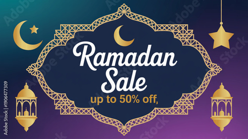 Ramadan sale banner with golden decorations and discounts