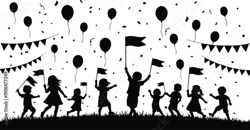 Silhouette of children holding flags and balloons celebrating with confetti and festive bunting outdoors on grass in joyful party atmosphere