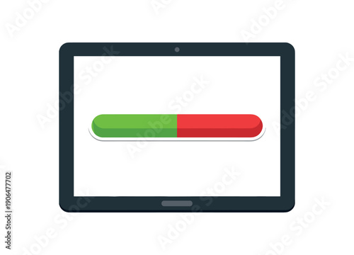 tablet with progress bar half green half red screen time balance indicator clean shapes. colored flat icon vector illustration
