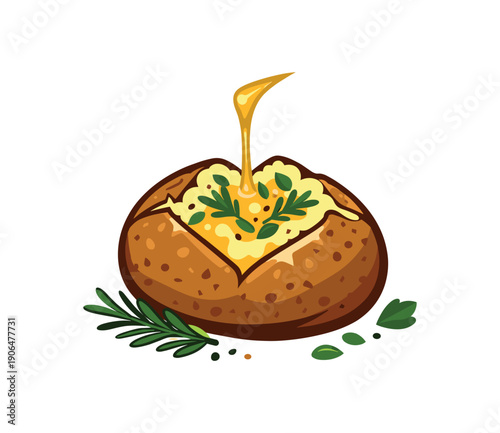 colored flat icon vector illustration baked potato with olive oil drizzle and herbs no onion no garlic
