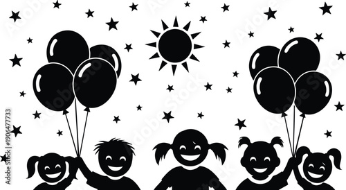 Black silhouette vector of smiling children holding balloons surrounded by stars and sun in playful joyful mood outdoor celebration sunny day illustration