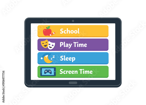 tablet with daily schedule blocks school play sleep screen time routine clean shapes. colored flat icon vector illustration