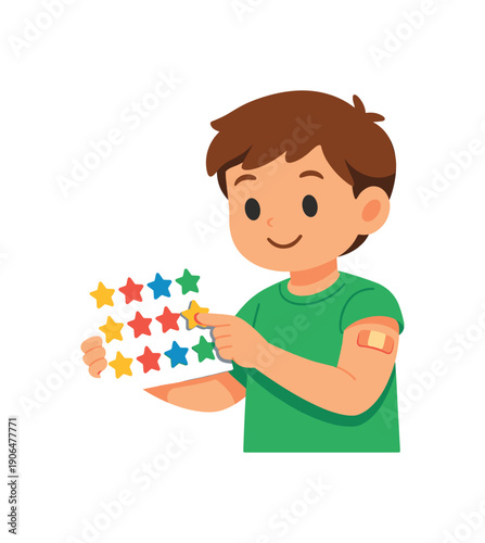colored flat icon vector illustration child choosing sticker from sheet after vaccination small reward flat on white background clean shapes