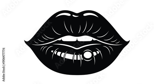 Black lips with silver piercing in minimalist illustration for beauty branding