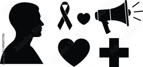 Black silhouette profile of male head with ribbon heart megaphone plus sign medical and awareness symbols in minimalist vector style isolated on white