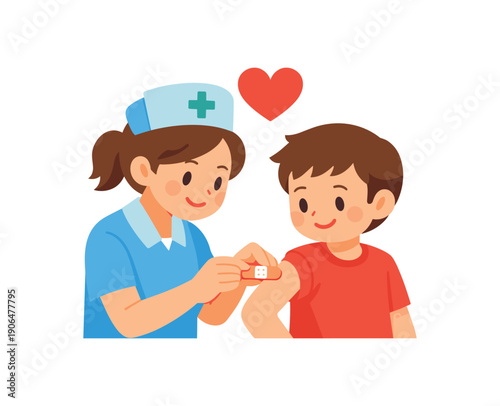 colored flat icon vector illustration nurse putting small bandage on child heart icon above gentle care flat on white background clean shapes