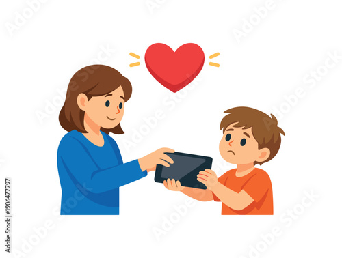 parent taking tablet from child gently while heart icon above caring limit clean shapes. colored flat icon vector illustration