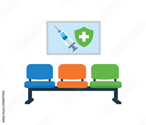 colored flat icon vector illustration waiting room chair row with poster of syringe and shield on clinic vibe flat on white background clean shapes