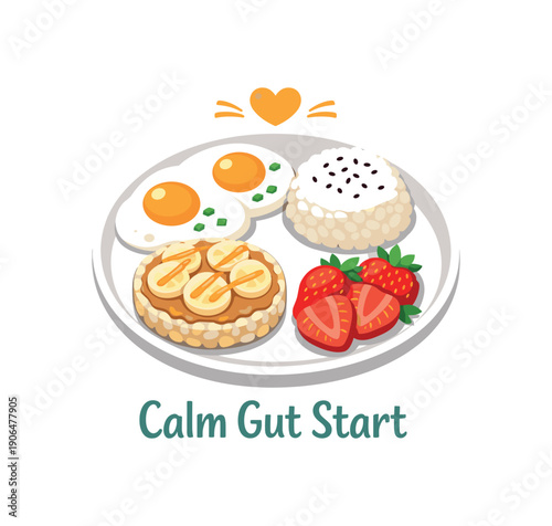 colored flat icon vector illustration breakfast plate eggs rice cake and strawberries calm gut start