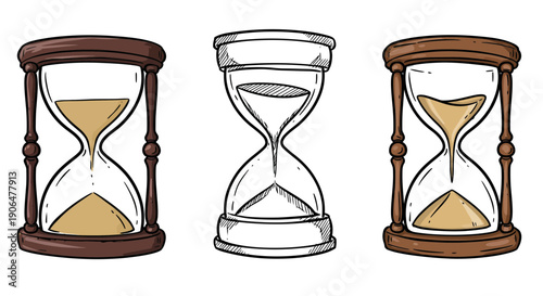 Visual Representation of Passing Time with Three Distinct Sand-Filled Glass Timers and Wooden Frames, a Classic Illustration