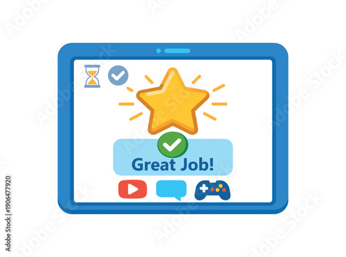 device showing reward after limited use positive reinforcement screen time system clean shapes. colored flat icon vector illustration