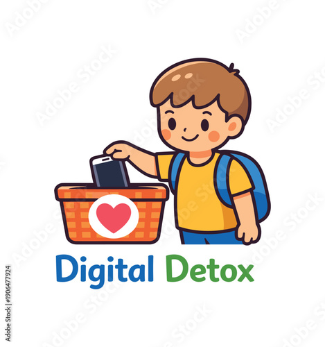 child placing phone into basket with heart icon digital detox moment clean shapes. colored flat icon vector illustration