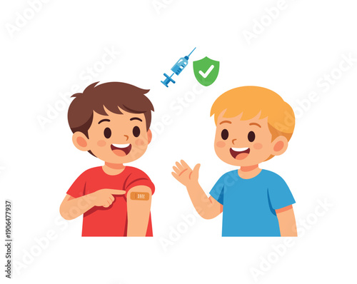 colored flat icon vector illustration child pointing at own bandage while friend watches talking about vaccination flat on white background clean shapes