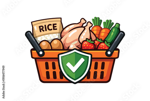 colored flat icon vector illustration grocery basket with rice eggs chicken carrots zucchini strawberries safe shopping