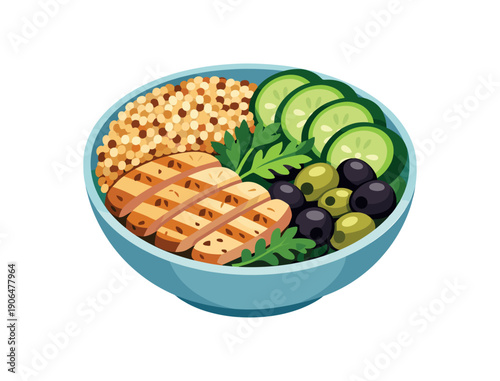 colored flat icon vector illustration lunch bowl quinoa chicken cucumber olives and herbs