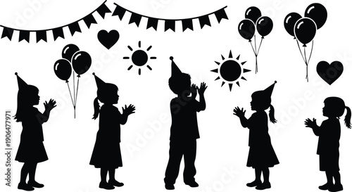 Silhouette vector art of five children wearing party hats clapping with balloons sun hearts and garland decoration for birthday celebration scene