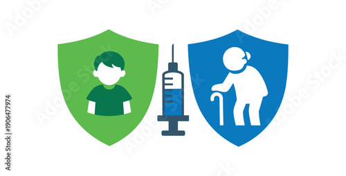 colored flat icon vector illustration two shields overlapping one child one elderly person syringe icon between flat on white background clean shapes